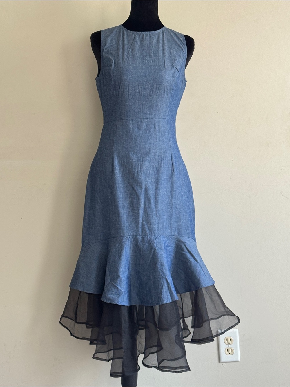 Sleeveless Blue Dress with Black Sheer Ruffle Hem